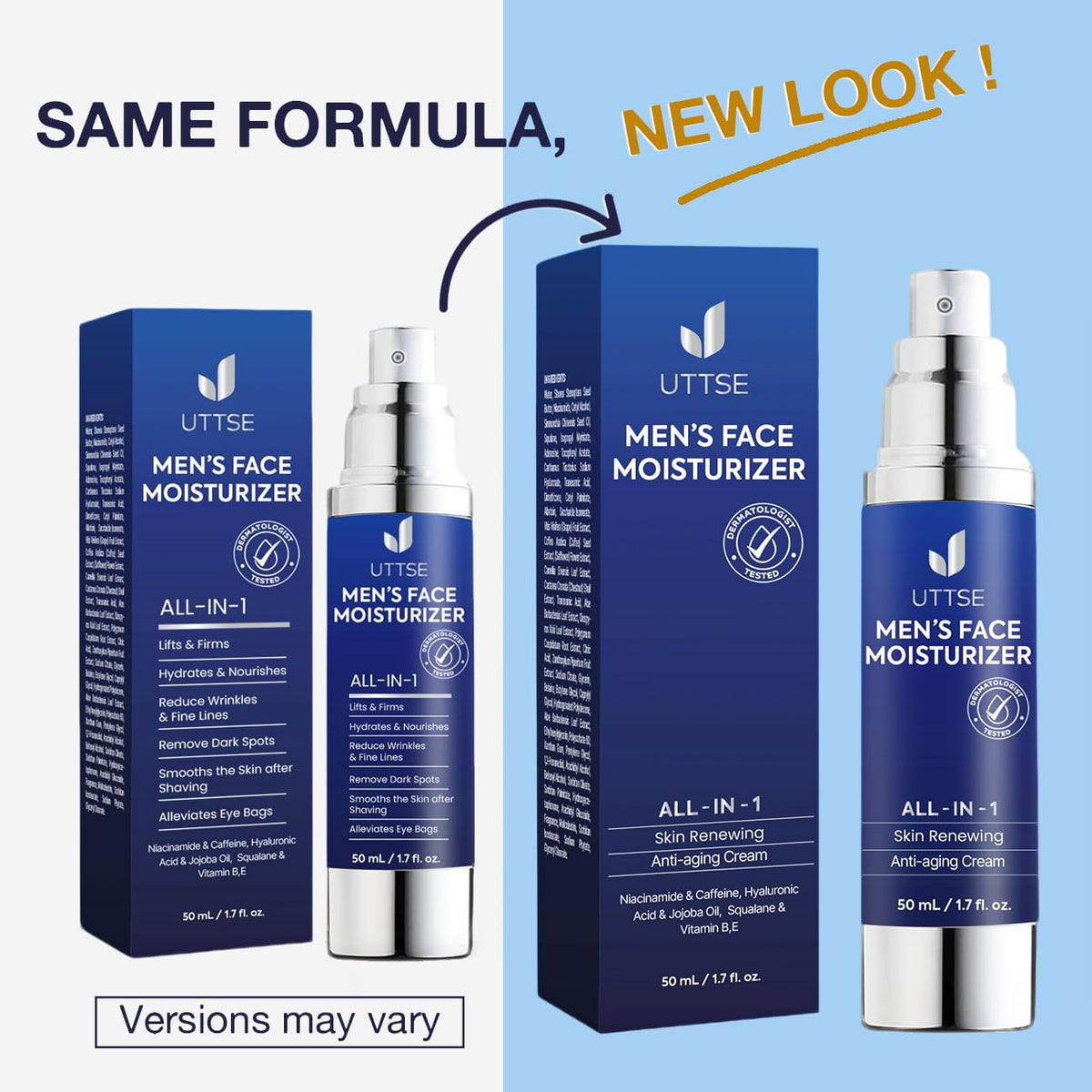 Uttse 6-in-1 Mens Face Moisturizer: Face Cream for Men - Reduce the Look of Eye Bags, Dark Circles, and Puffiness - Skin Care for Men - 1.7 fl oz - Made in Korea