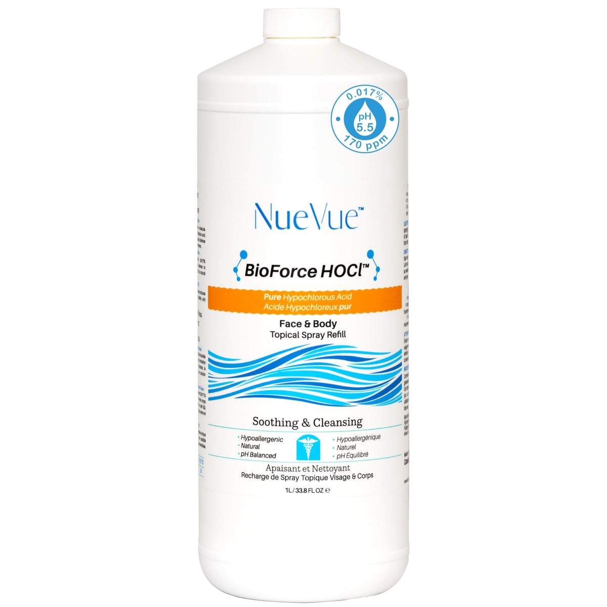 BioForce HOCl Pure Hypochlorous Acid Spray Refill for Face & Body (33 Oz) - Acne-Prone Skin & Eczema, Piercing aftercare, Made in Canada, Gentle Skin Cleanser & Toner, pH Balanced, Non-comedogenic
