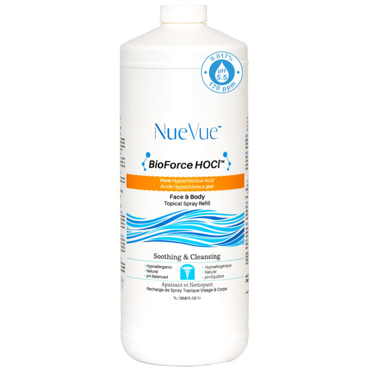 BioForce HOCl Pure Hypochlorous Acid Spray Refill for Face & Body (33 Oz) - Acne-Prone Skin & Eczema, Piercing aftercare, Made in Canada, Gentle Skin Cleanser & Toner, pH Balanced, Non-comedogenic