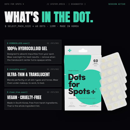 Dots for Spots Pimple Patches For Face, Fast Acting, Translucent Hydrocolloid Zit Patches that Unclog Pores Korean Skin Care, Vegan, Cruelty Free (60 count)
