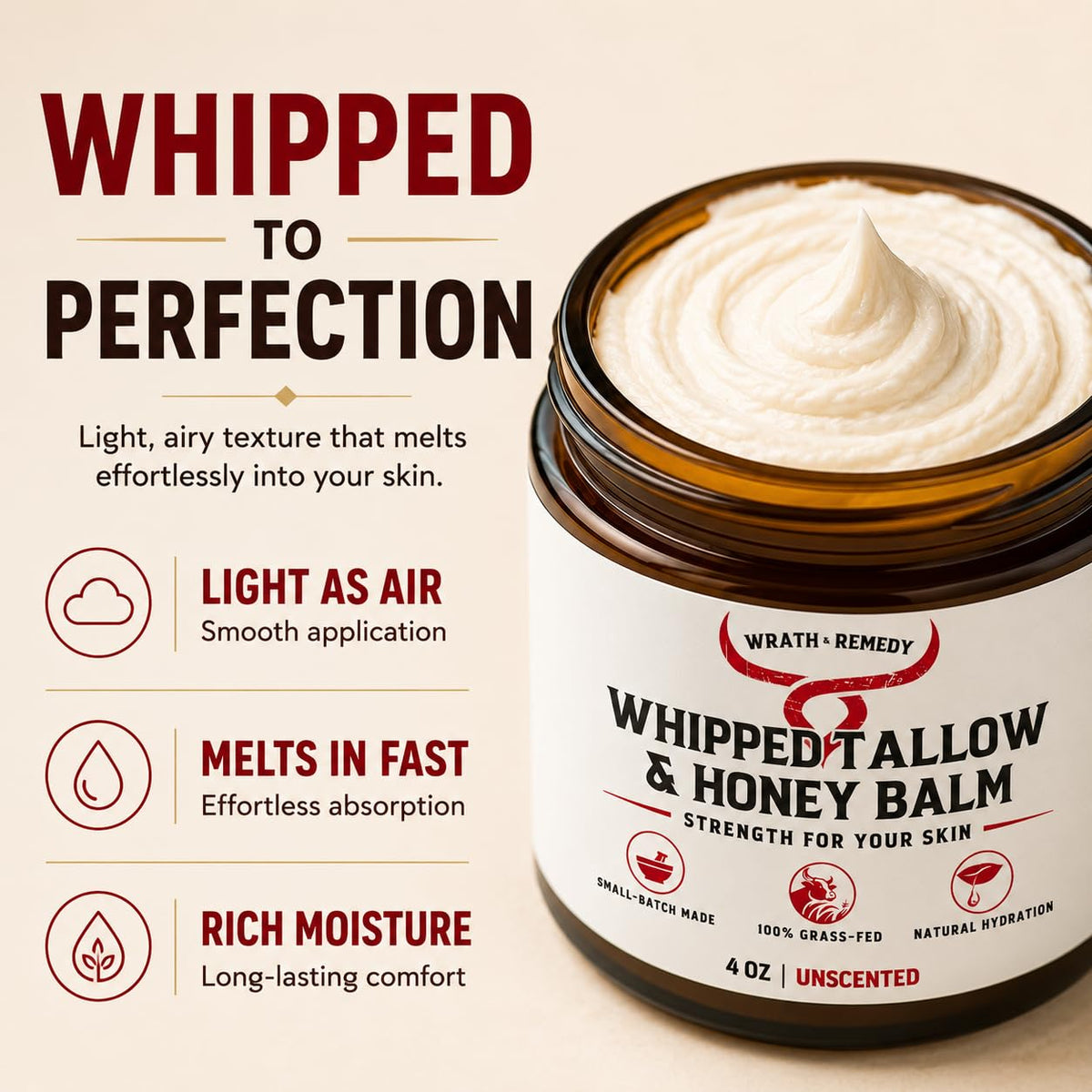 Organic Beef Tallow for Skin, Made in USA, Handcrafted, Unscented, 4 oz