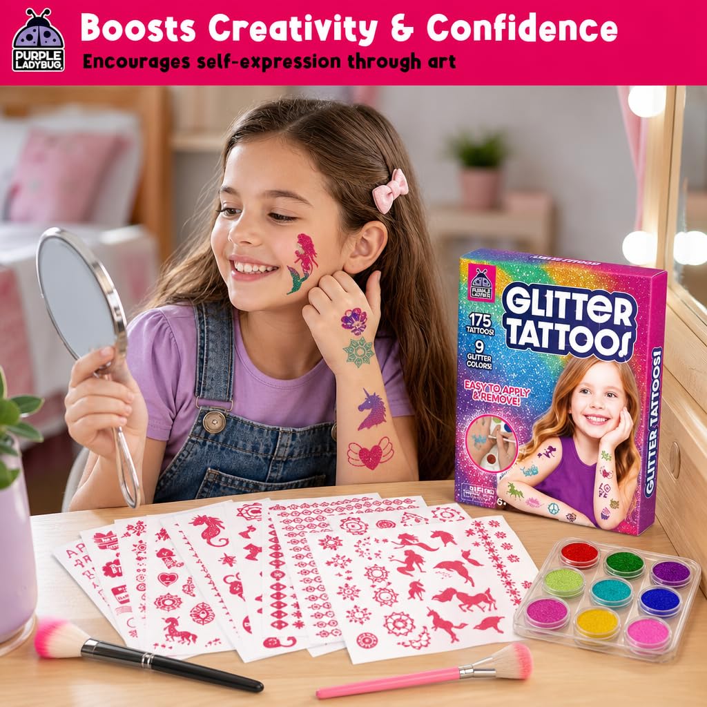 Glitter Tattoo Kit for Ages 6+, No Glue & Low Mess Temporary Fake Tattoos