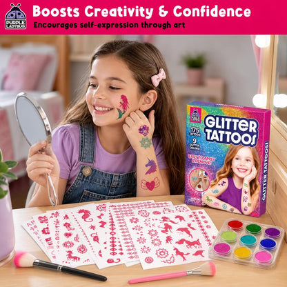 Glitter Tattoo Kit for Ages 6+, No Glue & Low Mess Temporary Fake Tattoos