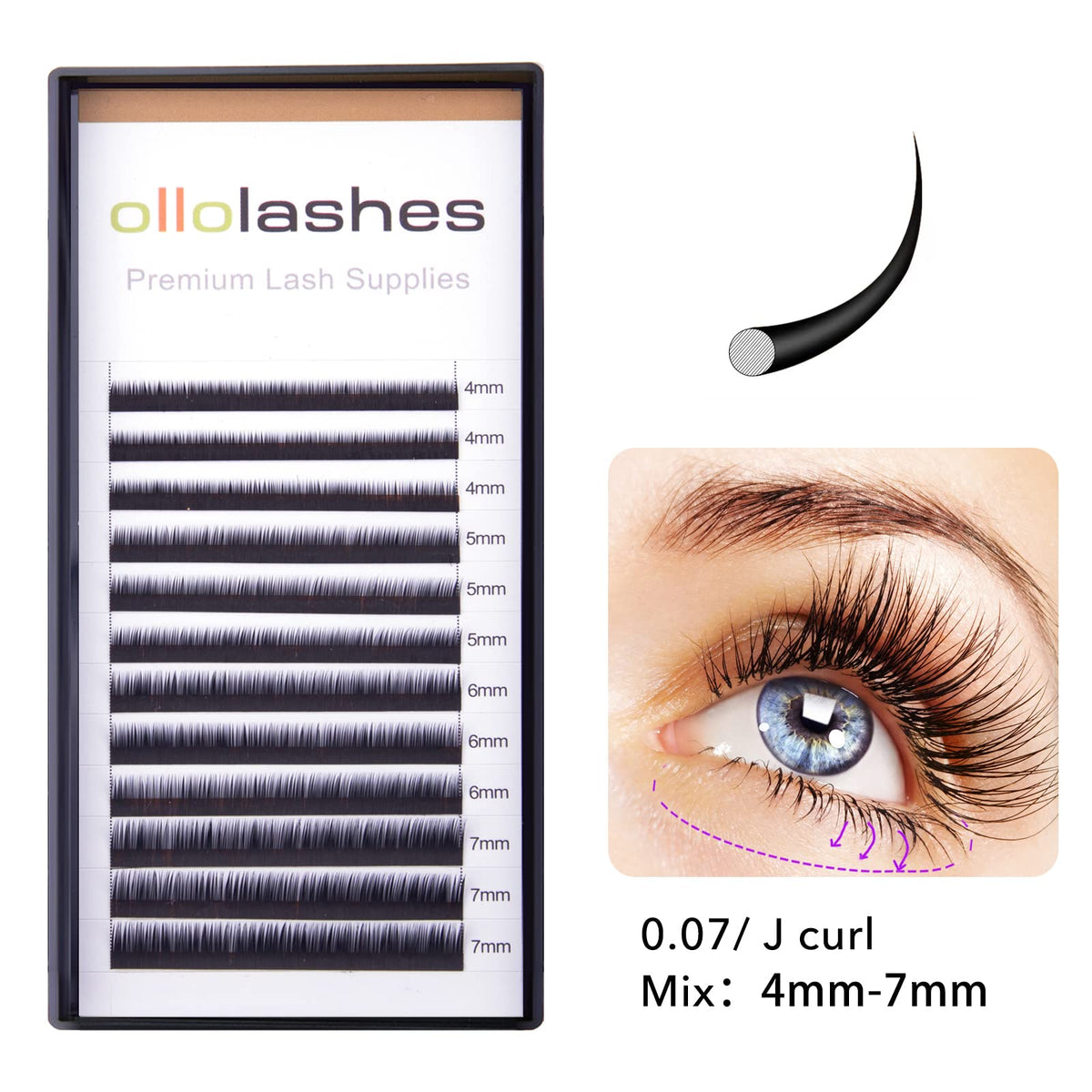 OLLOLASHES Bottom Lash Extension J Curl 0.07mm Mix4-7mm 4mm 5mm 6mm 7mm Black Color Bottom Lash Extensions, Professional Supplies for Lash Techs (Bottom-J-0.07, 4-7mm)