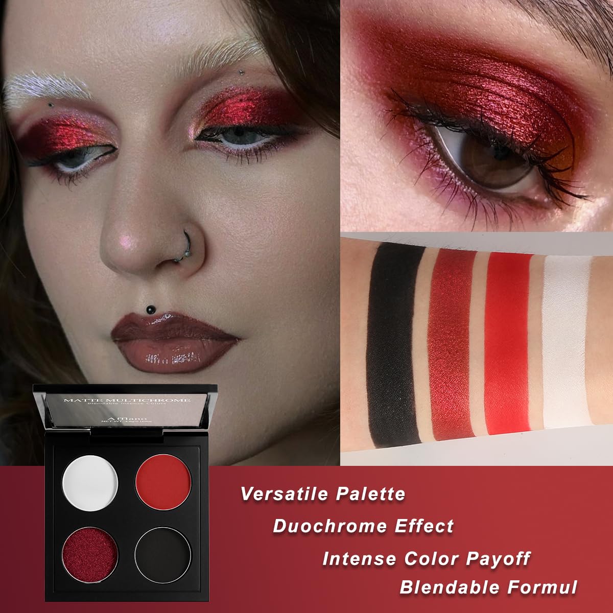 Afflano Gothic Red Makeup Eyeshadow Palette, Matte White Black Red Eye shadow, Ultra-Pigmented Chrome Red Glitter Eyeshadow, Intense Metallic Smokey Black Red Eyeshadow Palette Halloween Goth Makeup