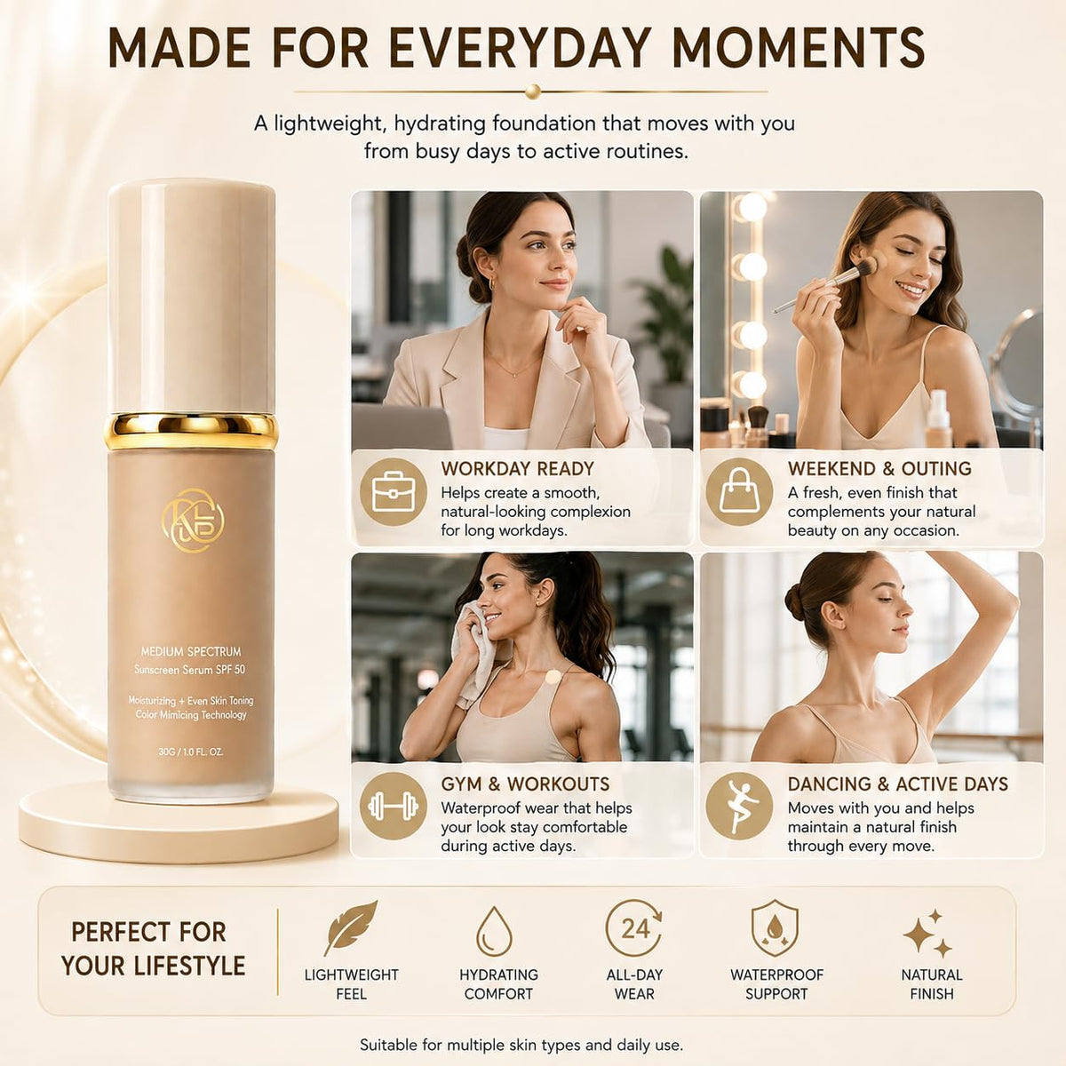 Foundation 4 in 1 - Medium Spectrum with SPF 50+ Inspired, Hydrating Color Changing Foundation Makeup Liquid - Longwearing & Waterproof for Sport, Dancing (Natural Color)