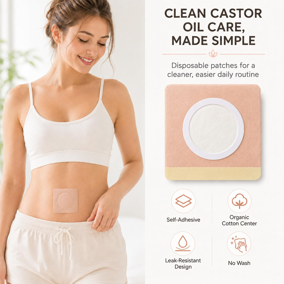 Prgislew 50Pcs Castor Oil Patches, Organic Cotton Castor Oil Pack Wrap Disposable Self-Adhesive Belly Button Patch Cover for Castor Oil, Mess-Free Anti Leakage No Wash Castor Oil Packs for Stomach