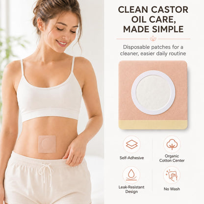 Prgislew 50Pcs Castor Oil Patches, Organic Cotton Castor Oil Pack Wrap Disposable Self-Adhesive Belly Button Patch Cover for Castor Oil, Mess-Free Anti Leakage No Wash Castor Oil Packs for Stomach
