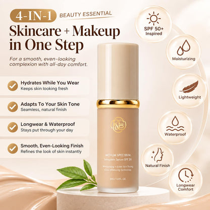 Foundation 4 in 1 - Medium Spectrum with SPF 50+ Inspired, Hydrating Color Changing Foundation Makeup Liquid - Longwearing & Waterproof for Sport, Dancing (Natural Color)