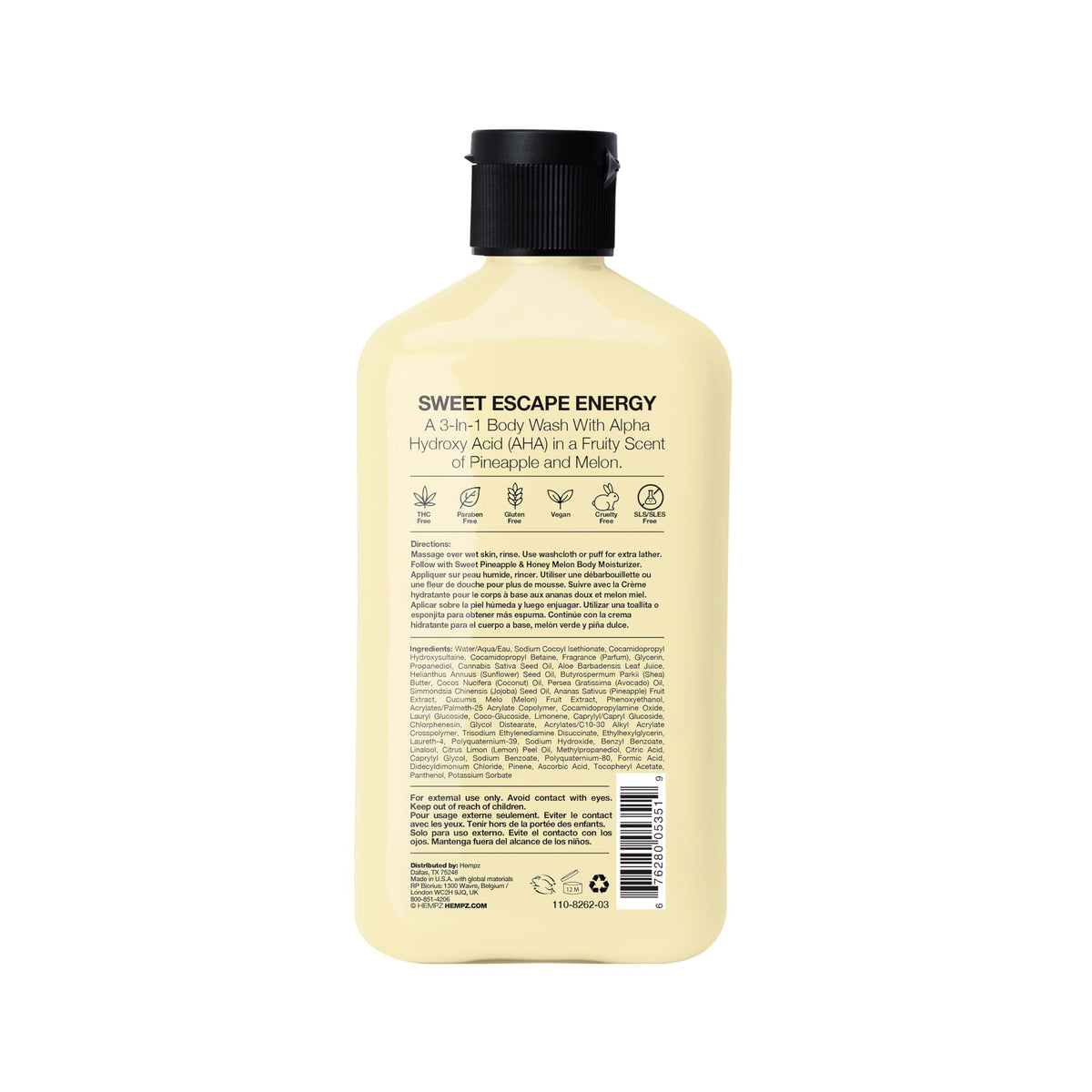 Hempz Body Wash - Sweet Pineapple & Honey Melon - Hydrating for Sensitive Skin, Scented, Exfoliating with Shea Butter, Pure Hemp Seed Oil, and Algae for Sensitive Skin - 17 fl oz