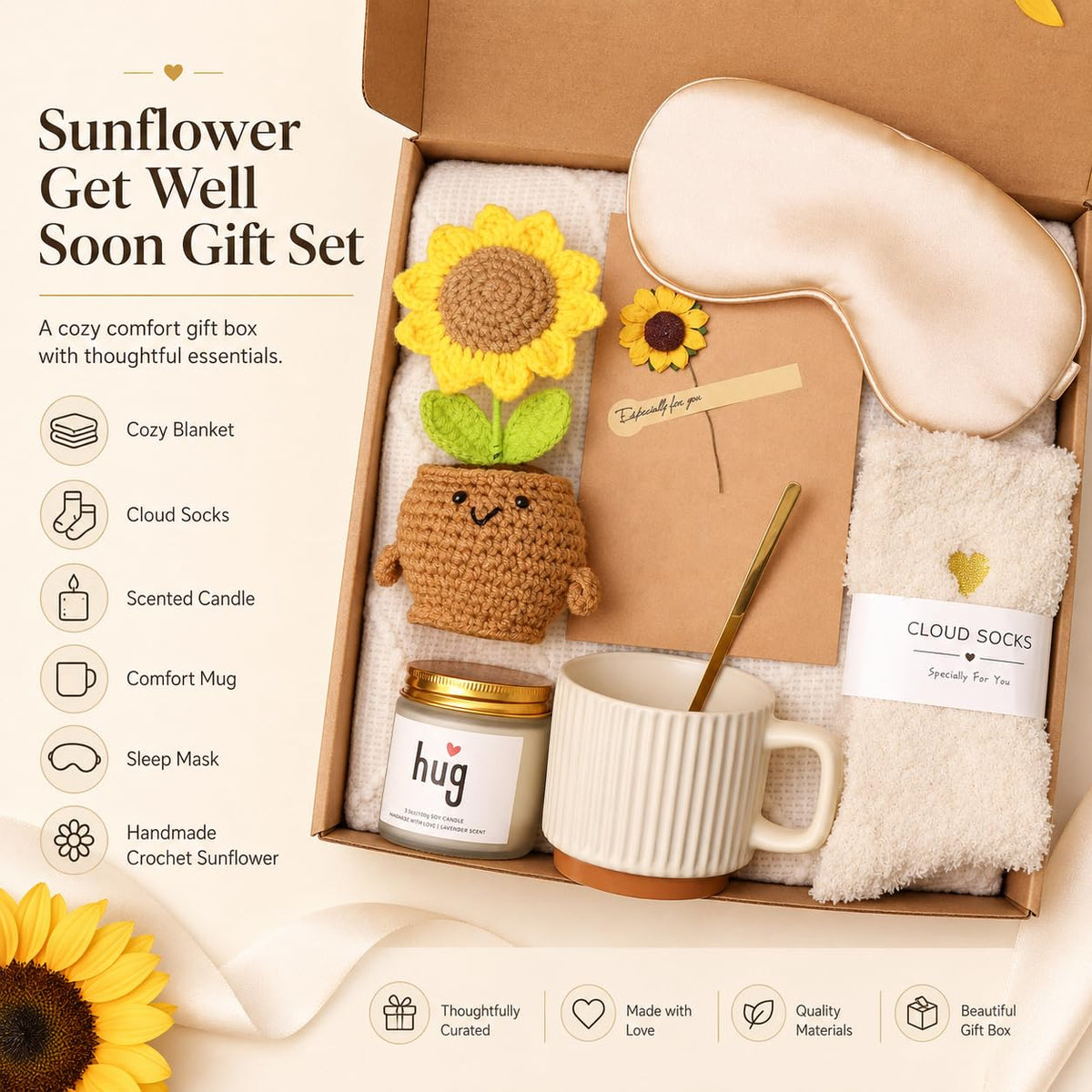 Sending Sunshine Sunflower, Thinking of You Care Package Unique Birthday Gift Baskets for Women Best Friend Mom Grandma Sister