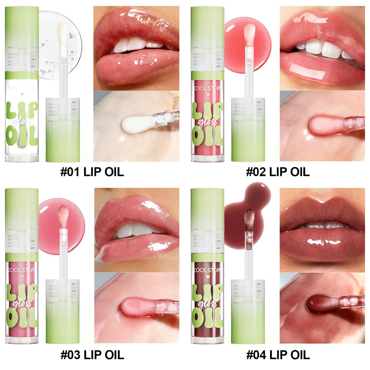 KIMIEYE 4 Pack Hydrating Glow Lip Oil Set, Moisturizing Lip Gloss, LIGHT