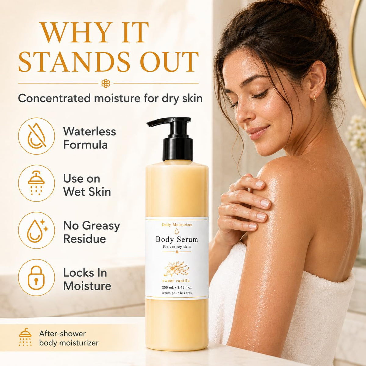 MKSUVGQ Bees Body Serum for Crepey Skin, Waterless Wet Skin Body Oil with Avocado Oil, Castor Oil, Coconut Oil, Shea Butter & Beeswax, After Shower Body Moisturizer, Sweet Vanilla, 8 fl oz