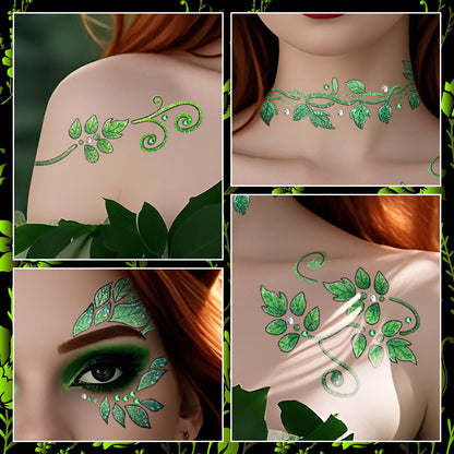 Halloween Leaf Face Makeup Temporary Tattoos+Green White Faces Gems