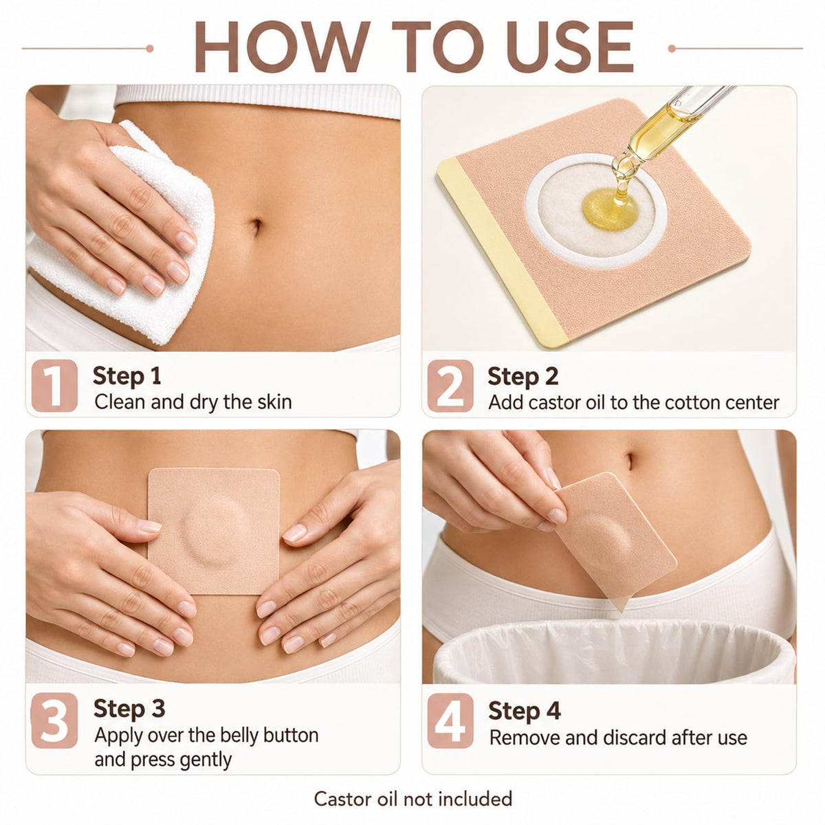 Prgislew 50Pcs Castor Oil Patches, Organic Cotton Castor Oil Pack Wrap Disposable Self-Adhesive Belly Button Patch Cover for Castor Oil, Mess-Free Anti Leakage No Wash Castor Oil Packs for Stomach