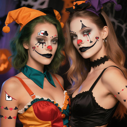 Halloween Clown Face Makeup Temporary Tattoos+Black Red Faces Gems