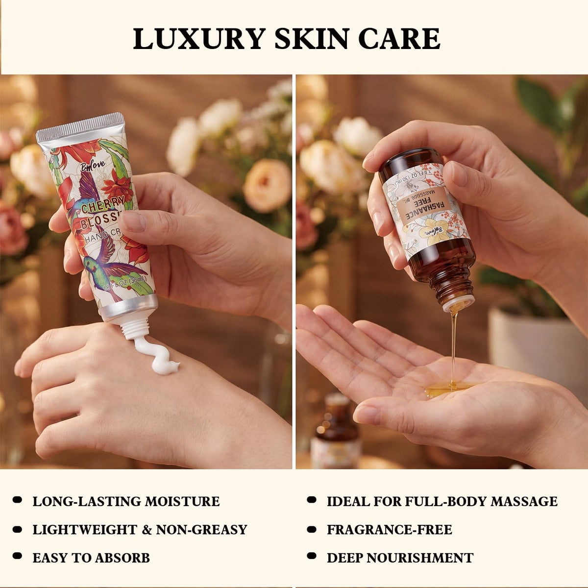 BFFLOVE Gift Set for Women 5pcs Cherry Blossom Spa Set, Birthday Presents for Her with Massage Oil, Scented Candle, Bath Salts, Hand Cream, Mothers' Day Gifts for Her