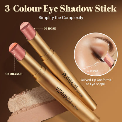 Vevivia 2-Pack 3-Color Eyeshadow Sticks, Waterproof Rose & Orange Shimmer