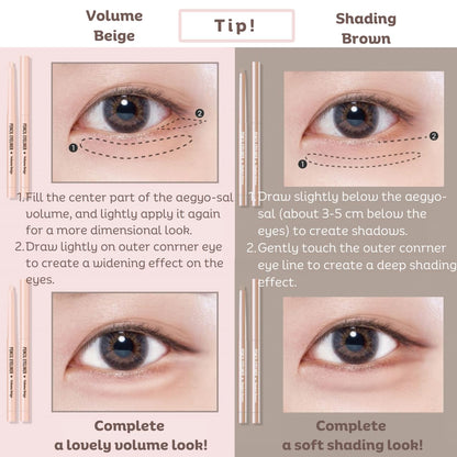 Produco [thebom] AegyoSal Eyeliner Under-Eye Enhancing Pencil Highlighter Eye Makeup (2set) (Volume Beige + Shadow Brown)