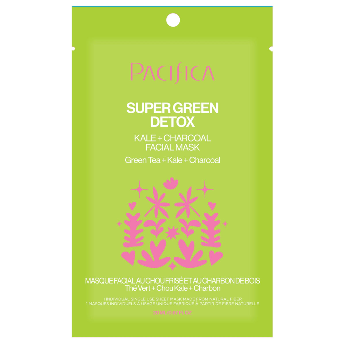 Pacifica Super Green Detox Sheet Mask – Charcoal, Kale & Clay Pore Cleansing Mask for Oily, Blemish-Prone Skin, Deep Detox Facial Mask, Vegan