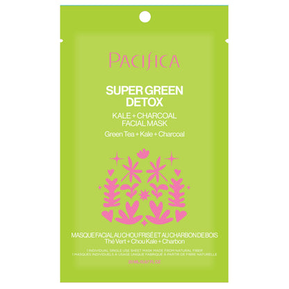 Pacifica Super Green Detox Sheet Mask – Charcoal, Kale & Clay Pore Cleansing Mask for Oily, Blemish-Prone Skin, Deep Detox Facial Mask, Vegan