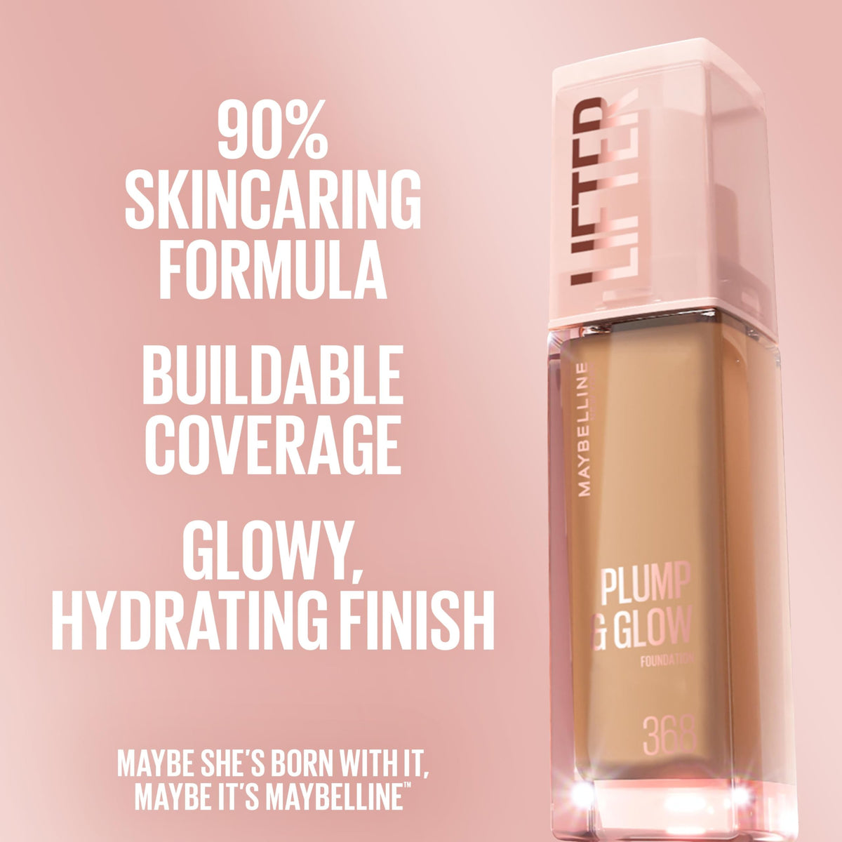 Maybelline Lifter Plump & Glow Foundation, Liquid Foundation with 2% Niacinamide + Hyaluronic Acid, Plumping and Brightening Face Makeup, 118, 1 Count