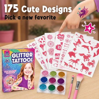 Glitter Tattoo Kit for Ages 6+, No Glue & Low Mess Temporary Fake Tattoos