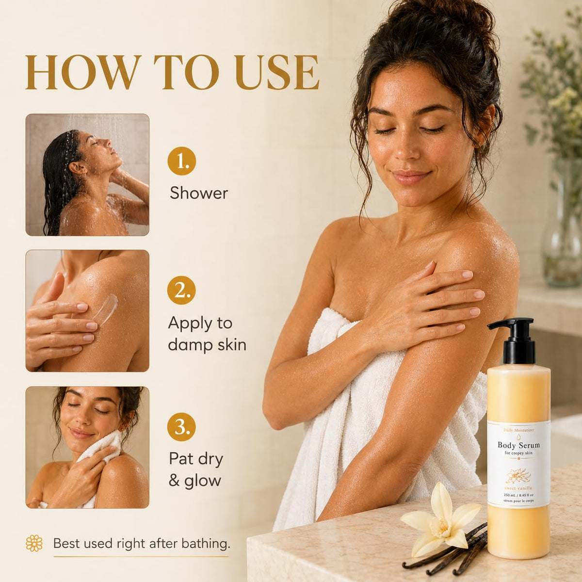 MKSUVGQ Bees Body Serum for Crepey Skin, Waterless Wet Skin Body Oil with Avocado Oil, Castor Oil, Coconut Oil, Shea Butter & Beeswax, After Shower Body Moisturizer, Sweet Vanilla, 8 fl oz
