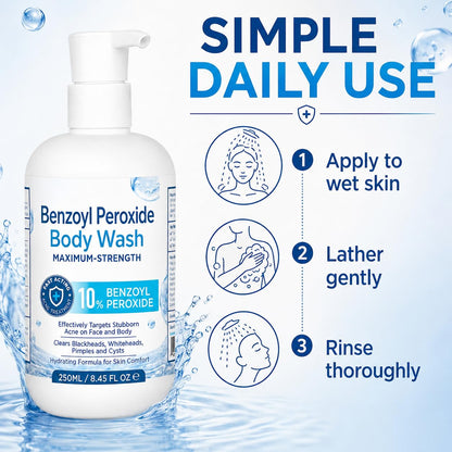 Hermon Benzoyl Peroxide Body Wash: 10% Benzoyl Peroxide Acne Wash for Face, Skin, Butt, and Back Acne - Maximum-Strength Fast-Acting Acne Control Cleanser 8.45 Fl. Oz.