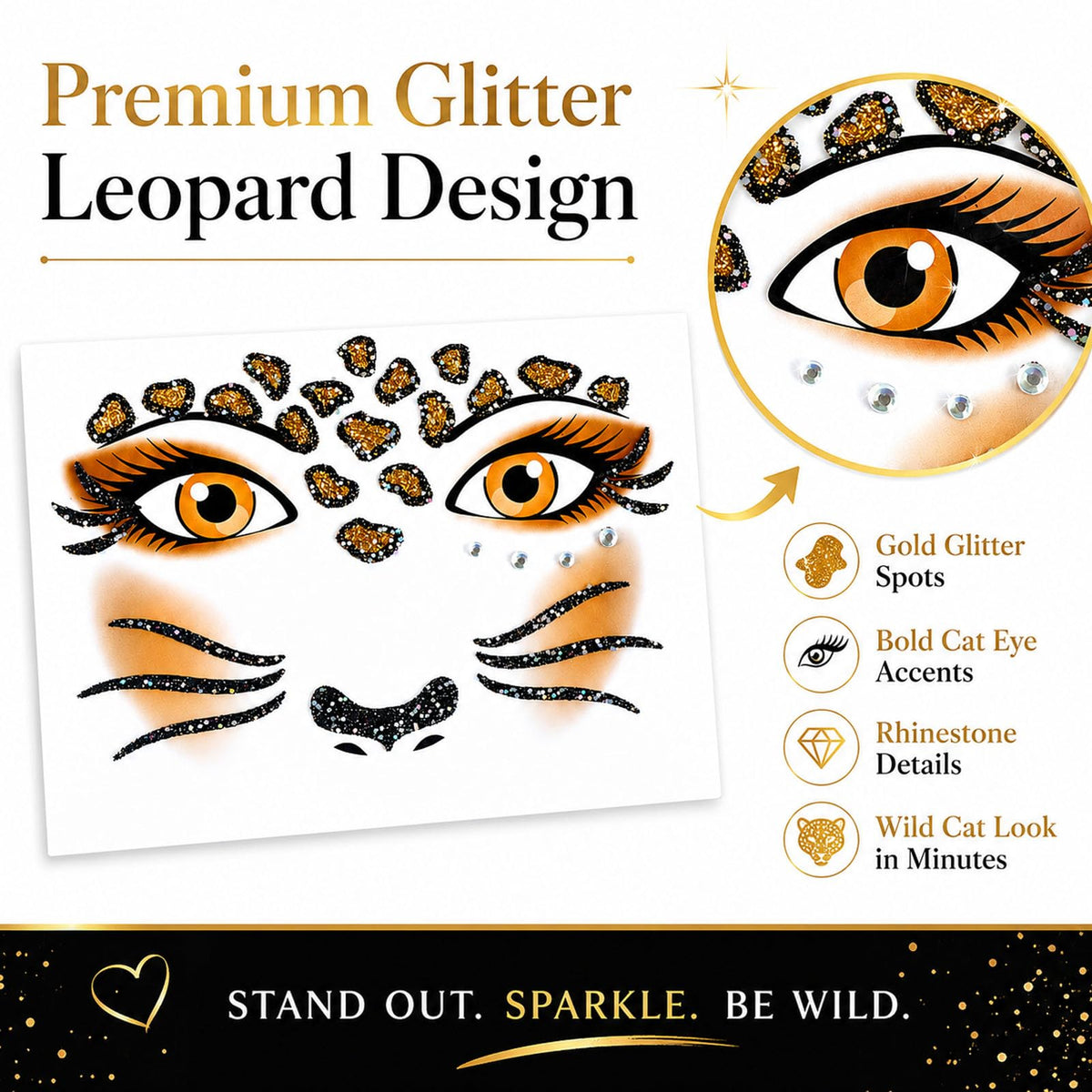 Leopard Face Tattoo Stickers with Glitter Face Jewels, 2Pcs Cute Leopard Self-adhesive Temporary Tattoo for Adult Kids Animal Makeup, Halloween, Cosplay Party Decoration Supplies