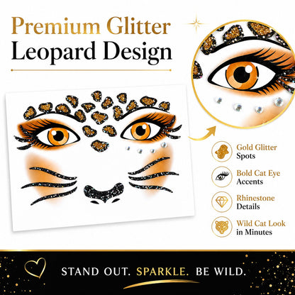 Leopard Face Tattoo Stickers with Glitter Face Jewels, 2Pcs Cute Leopard Self-adhesive Temporary Tattoo for Adult Kids Animal Makeup, Halloween, Cosplay Party Decoration Supplies