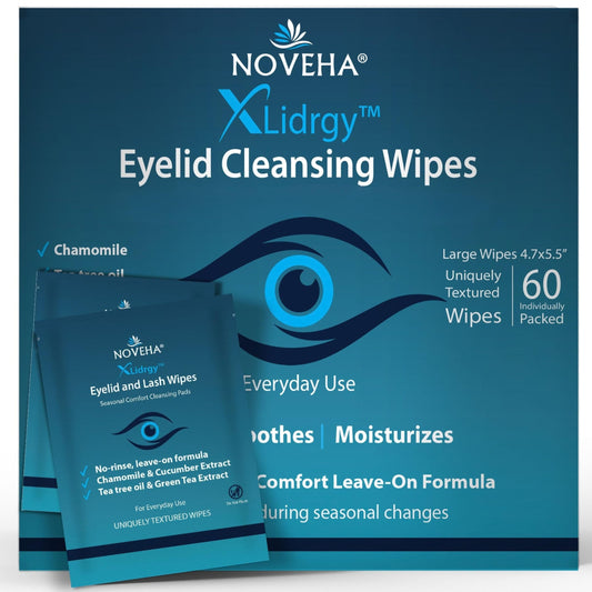 NOVEHA Eyelid Cleansing Wipes 60PCs | Pre-Moistened Hypoallergenic Eye Wipes for Lids & Lashes | Gentle Daily Cleansing Wipes to Remove Dust, Pollen & Everyday Buildup