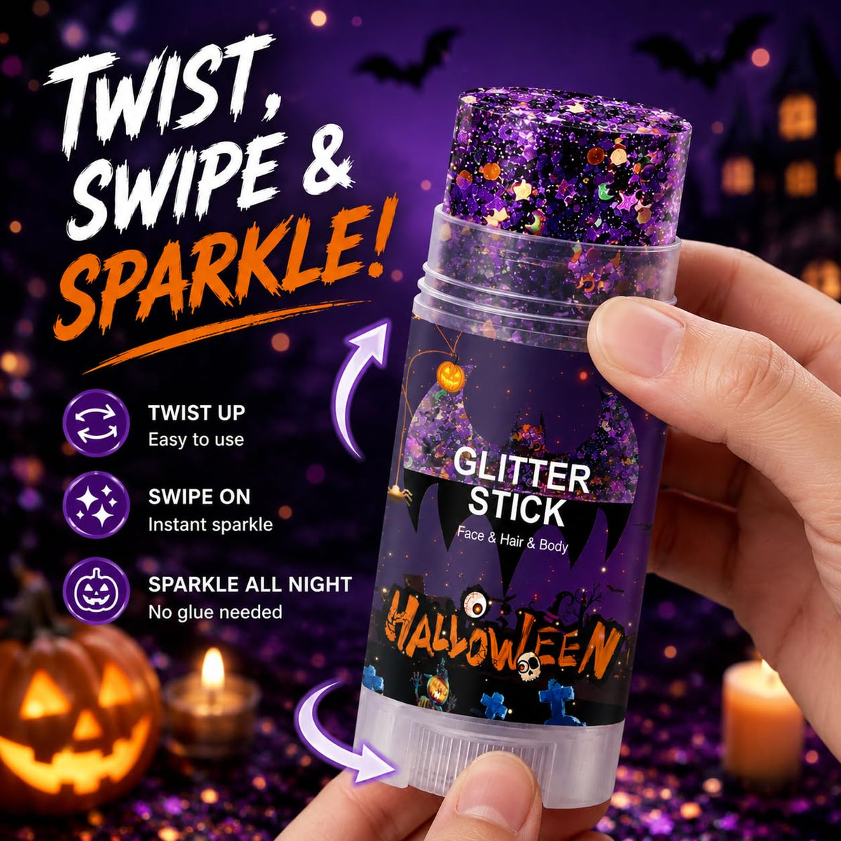 Halloween Body Glitter Stick, Black Orange Purple Sequin Hair Glitter Gel