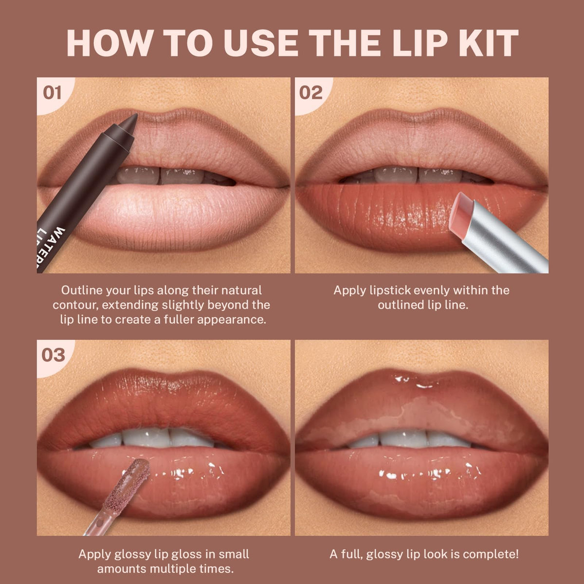 Noerrors 3Pcs Lip Combo Set, Lip Kit with Brown Plumping Lip Liner & Nourishing Lipstick & Nude Glossy Lip Gloss, Long-Lasting, Lightweight, Non-Sticky, Juicy Nude Pink Lip Contour Trio Set for Women