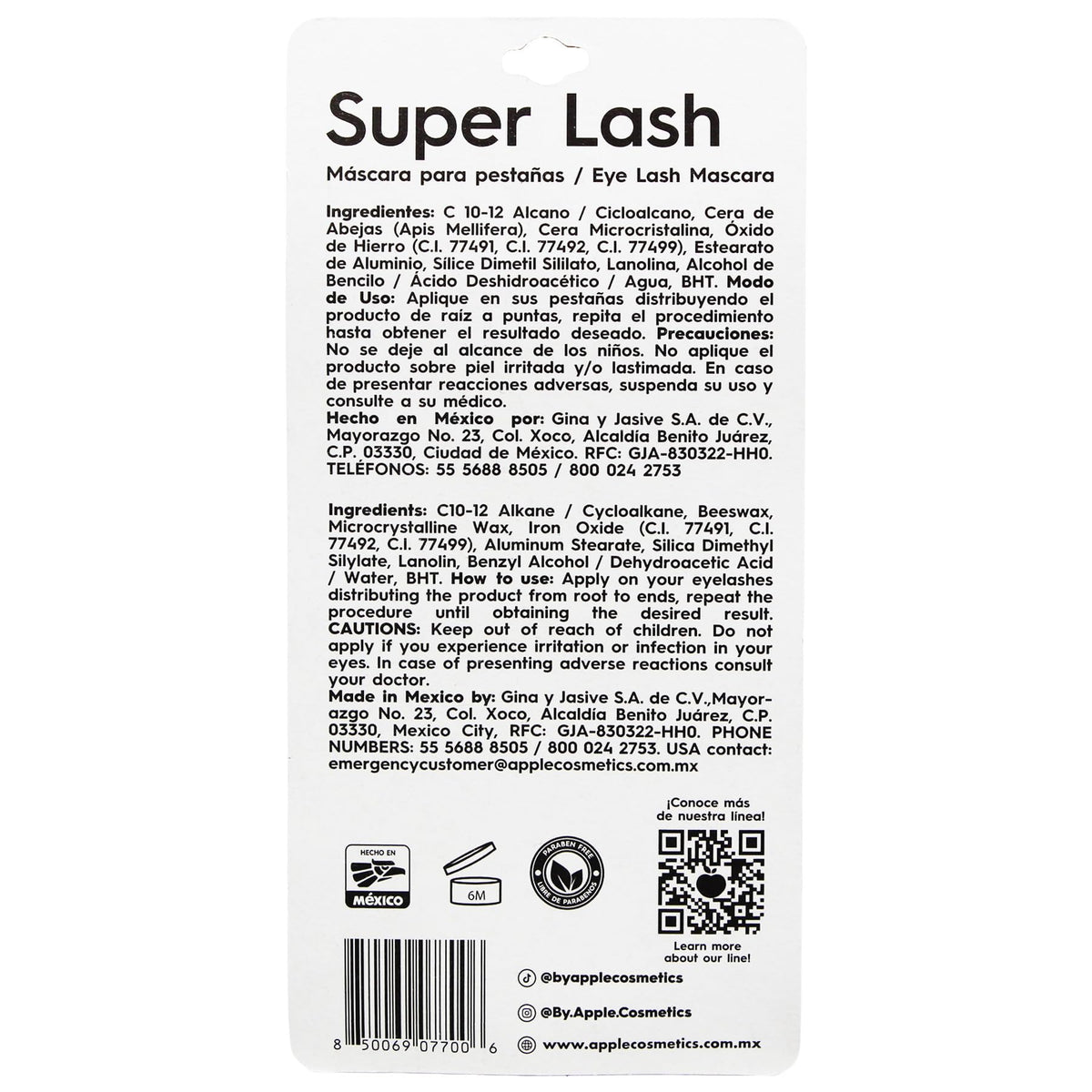 BY APPLE Super Lash Classic Mascara, Black, Volume and Length Formula, 0.4 Oz