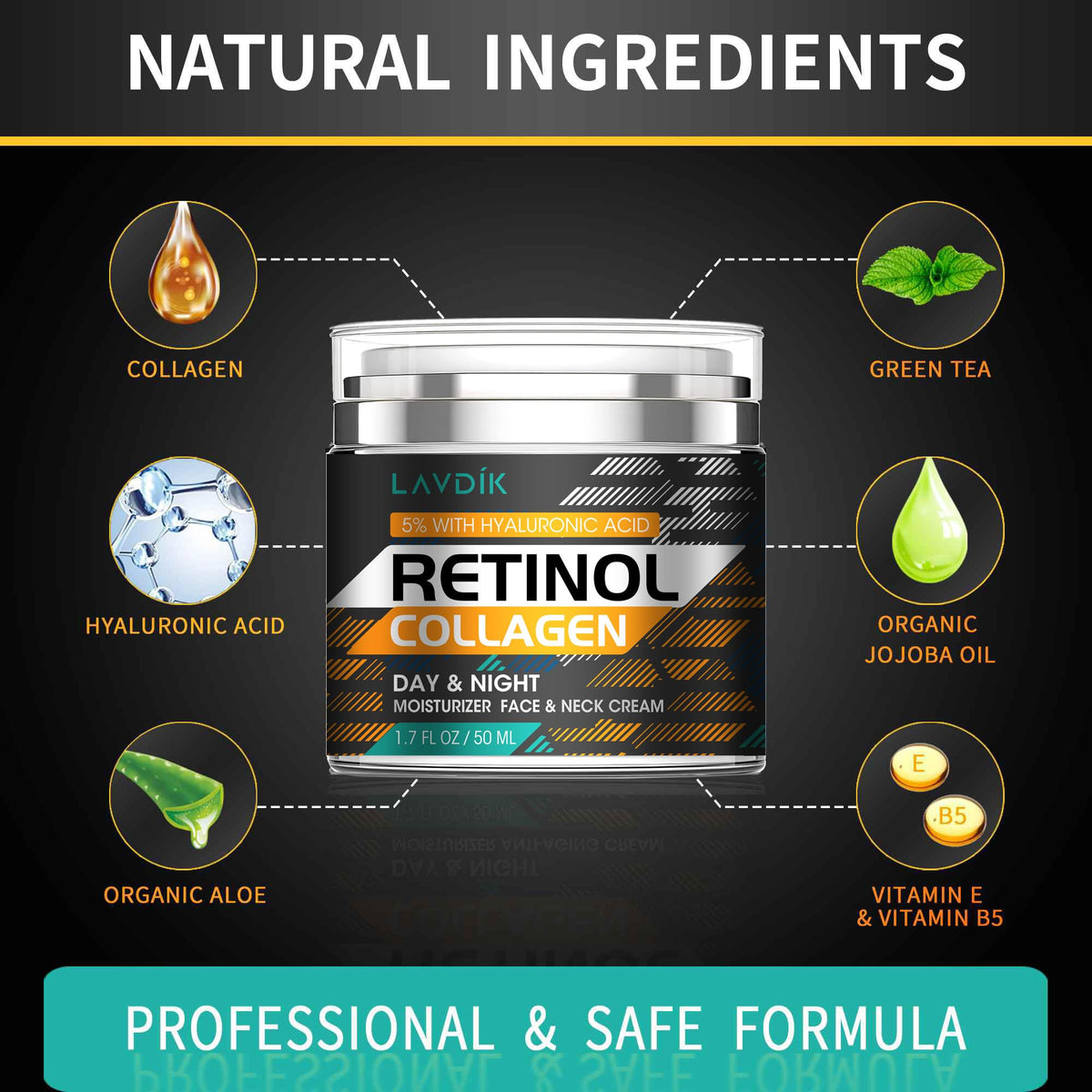 Retinol Cream for Face with Hyaluronic Acid, Moisturizer Anti Aging Collagen Cream for Women and Men, Reduce Wrinkles, Fine Lines, Day and Night,1.7 Fl Oz