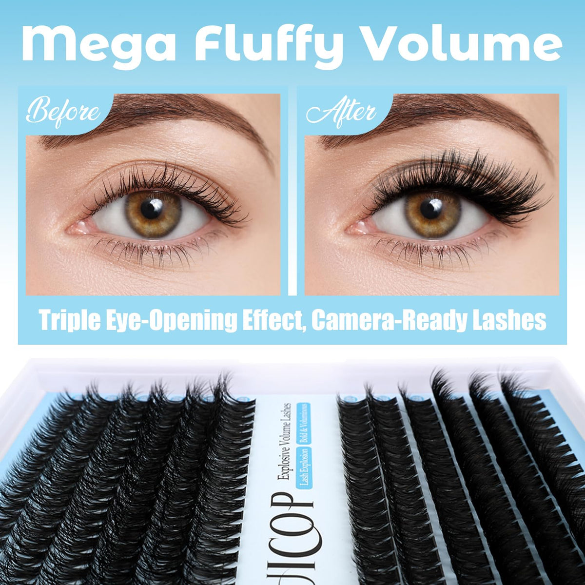 Huicop 60D+80D Eyelash Extensions Kit With 240pcs 3D Fluffy Thick Cluster Lashes, Lash Bond, Lash Seal, Tweezers for Beginners(Mage Volume 60D+80D-10-16mm KIT)