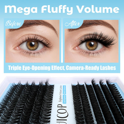 Huicop 60D+80D Eyelash Extensions Kit With 240pcs 3D Fluffy Thick Cluster Lashes, Lash Bond, Lash Seal, Tweezers for Beginners(Mage Volume 60D+80D-10-16mm KIT)
