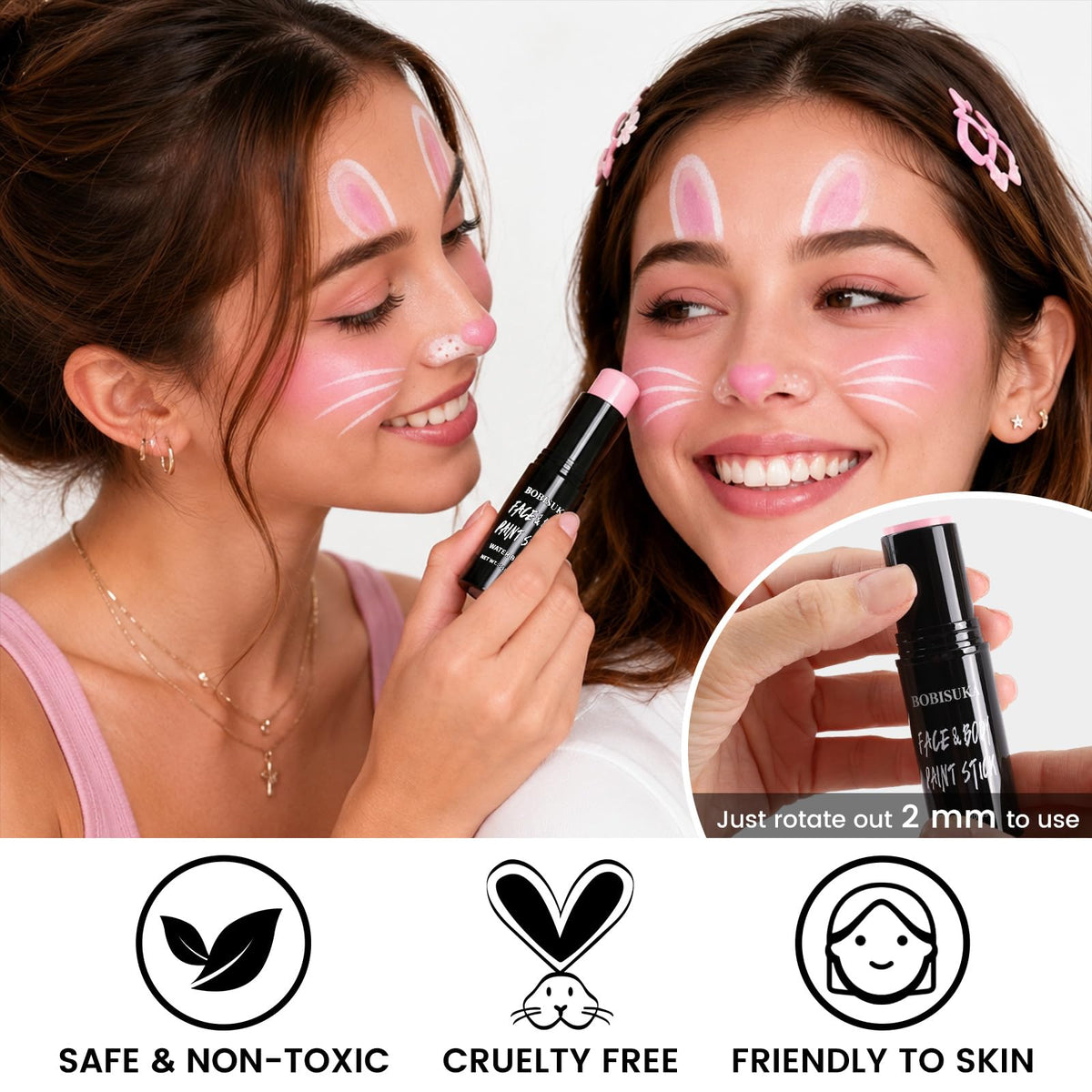 BOBISUKA Light Pink Face Paint Stick, Highly Pigmented Full Coverage Washable Cream Face & Body Paint for Halloween Doll Sugar Skull Unicorn Panther Clown Cosplay SFX & Costume Party