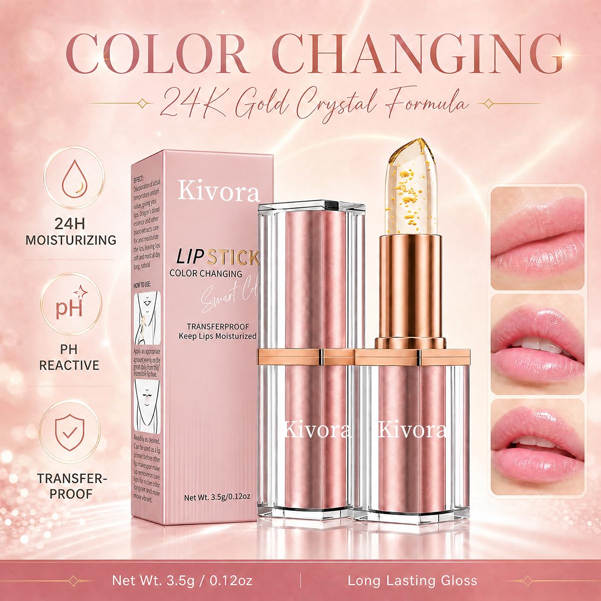 Kivora Lipstick（2 Pack）,Latest Rose Gold Kivora Lipstick for Mature Lips,PH Lipsticks Color Changing, Long Lasting Moisturizing Tinted Lip Balm