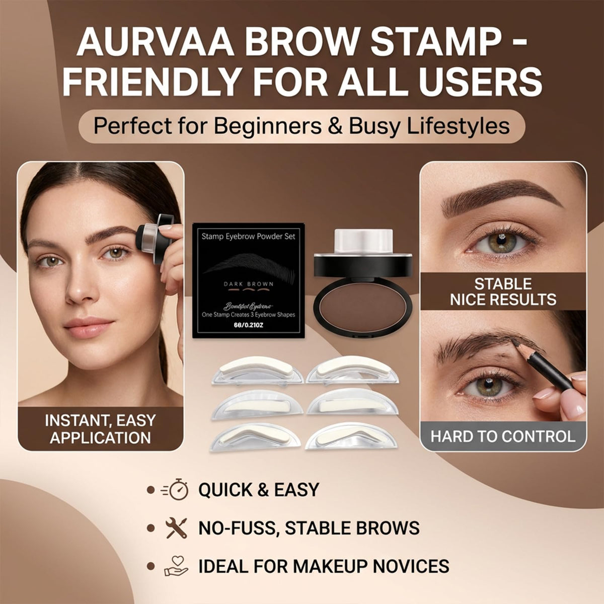 Aurvaa Brow Stamp, Aurvaa Eyebrow Stamp, Includes 3 Shapes (Light Brown)