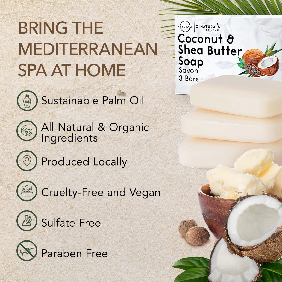 O NATURALS Natural Coconut Shea Butter Soap Bar 3 Pack - Gifts for Women