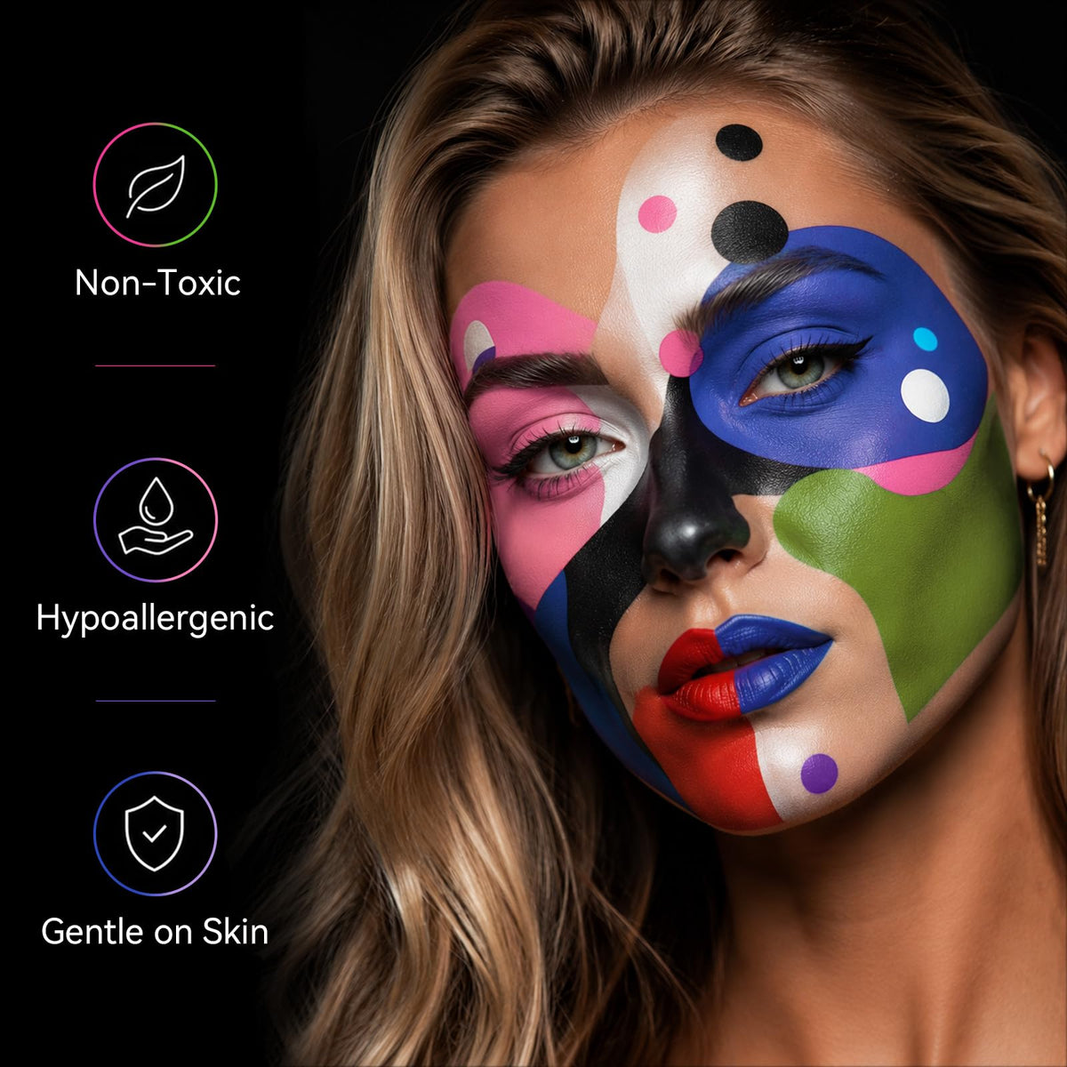 BOBISUKA 3-Color Clown Face Body Paint Water Activated, Black White & Red