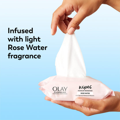 Olay Cleanse Makeup Remover Wipes, Rose Water Scent, Facial Cleansing Wipes Remove Makeup Dirt & Oil, Removes Waterproof Mascara, Soft Cloths for Eyes Face & Neck, No Greasy Residue, 25 Count, 3-Pack