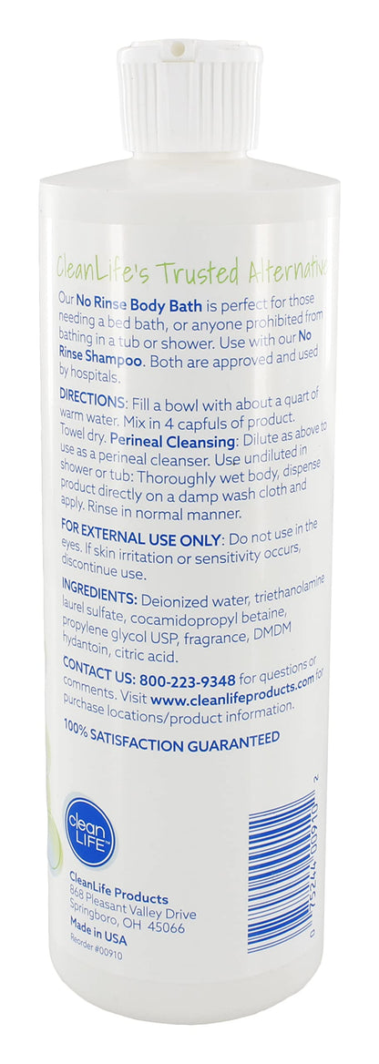 No-Rinse CleanLife Products Body Bath, 16 fl oz (Pack of 3, Makes 48 Complete Baths) – Gentle, Concentrated Liquid Body Wash Made in USA – Ideal for Post-Surgery, Elderly Care, Camping, and Travel