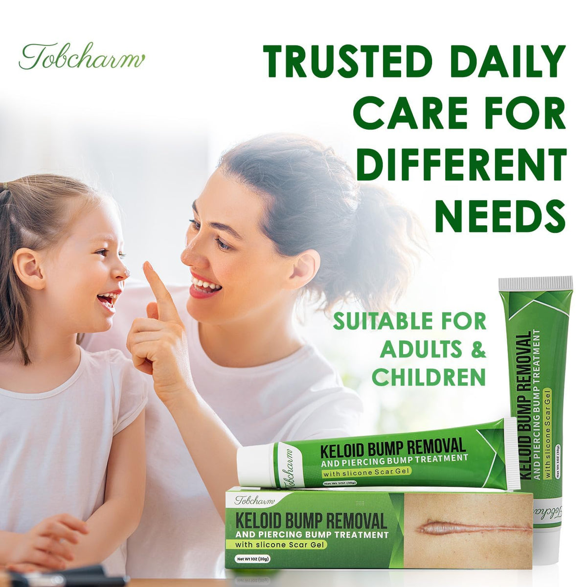 Tobcharm Advanced Keloid Bump Removal: Silicone Keloid Scar Removal Cream for Scars from Piercing, Surgical Marks, Acne, and Burns, Keloid Treatment for Ears, Face, and Body with Healing Formula 30g