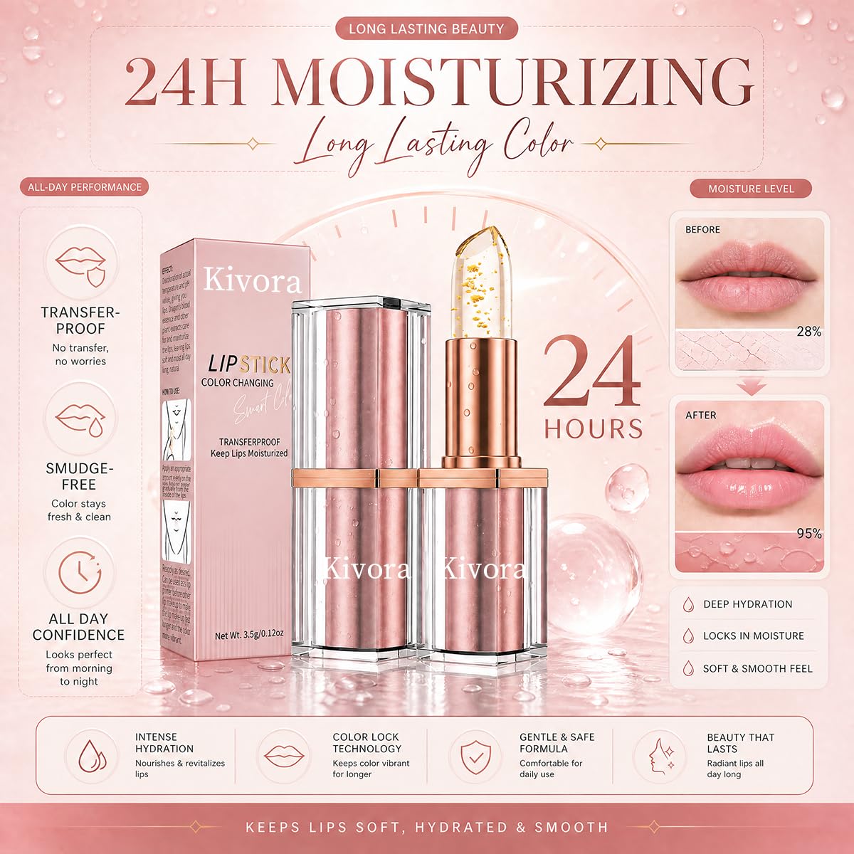 Kivora Lipstick（2 Pack）,Latest Rose Gold Kivora Lipstick for Mature Lips,PH Lipsticks Color Changing, Long Lasting Moisturizing Tinted Lip Balm