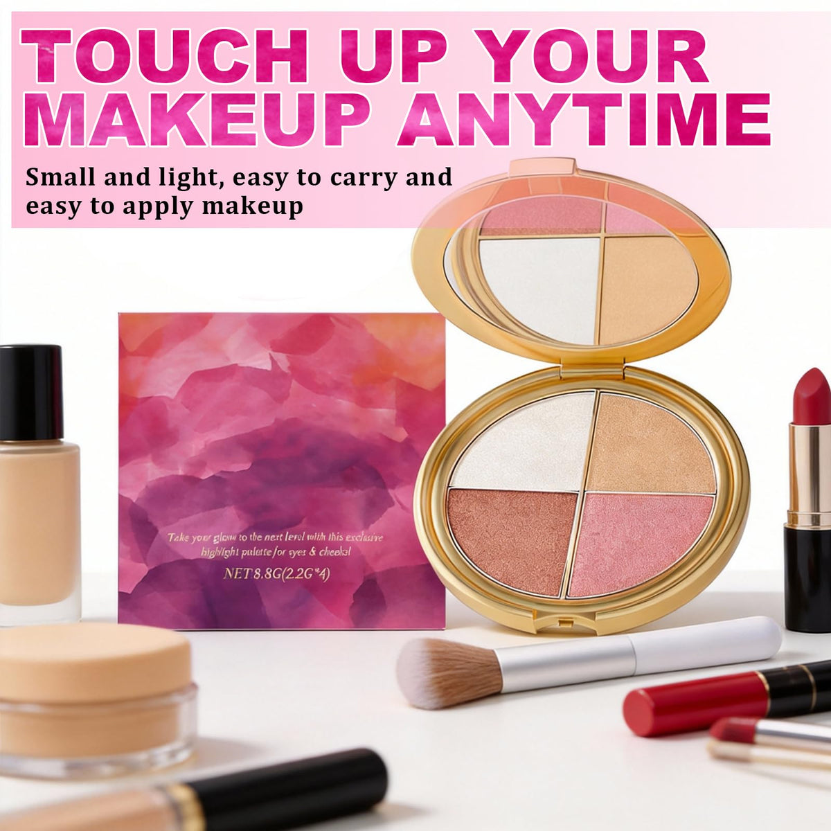 4-In-1 Eye & Cheek Palette, Blush Highlighter with 1 PCS Brush