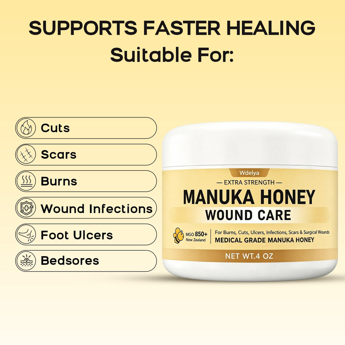 Medical Grade Manuka Honey Wound Care(MGO 949), Medihoney Wound Gel - Speed up Healing for Cuts, Surgical Wounds, Scars, Foot Ulcers, Burns, 4 oz