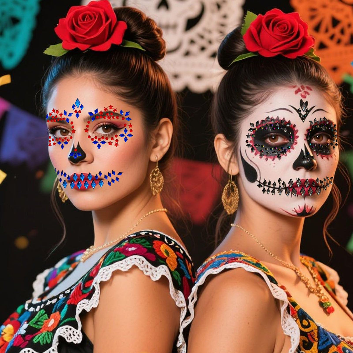 Halloween Face Jewels Temporary Tattoos – 4 Pack Day of the Death Rhinestone Skull Face Gems – Crystal Eye Glitter Stickers for Halloween Makeup, Cosplay & Horror Party Supplies (4 PCS)
